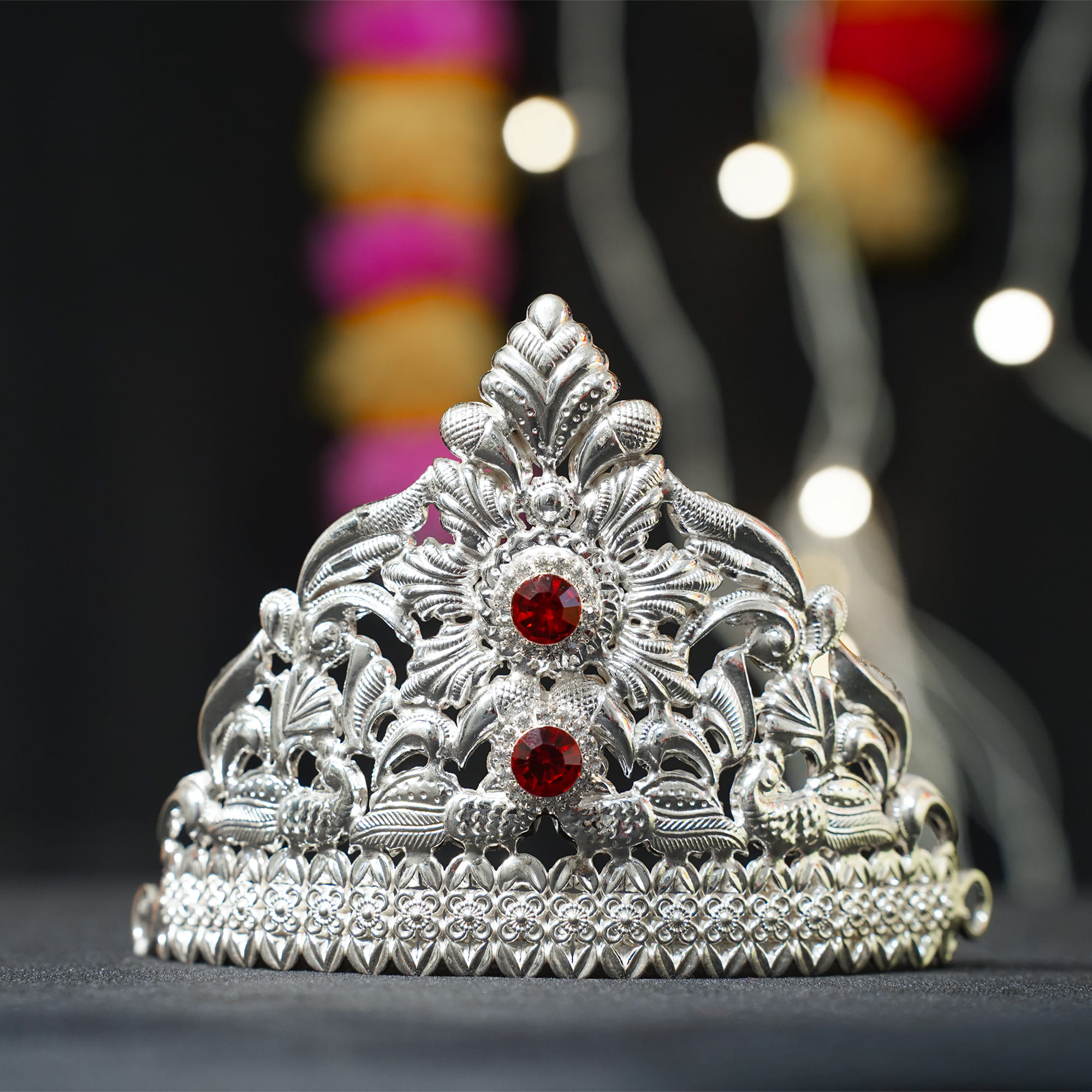 925 Pure Silver Mukut with Red Stones – 3x5 Inch Handcrafted Crown for Deity Idols