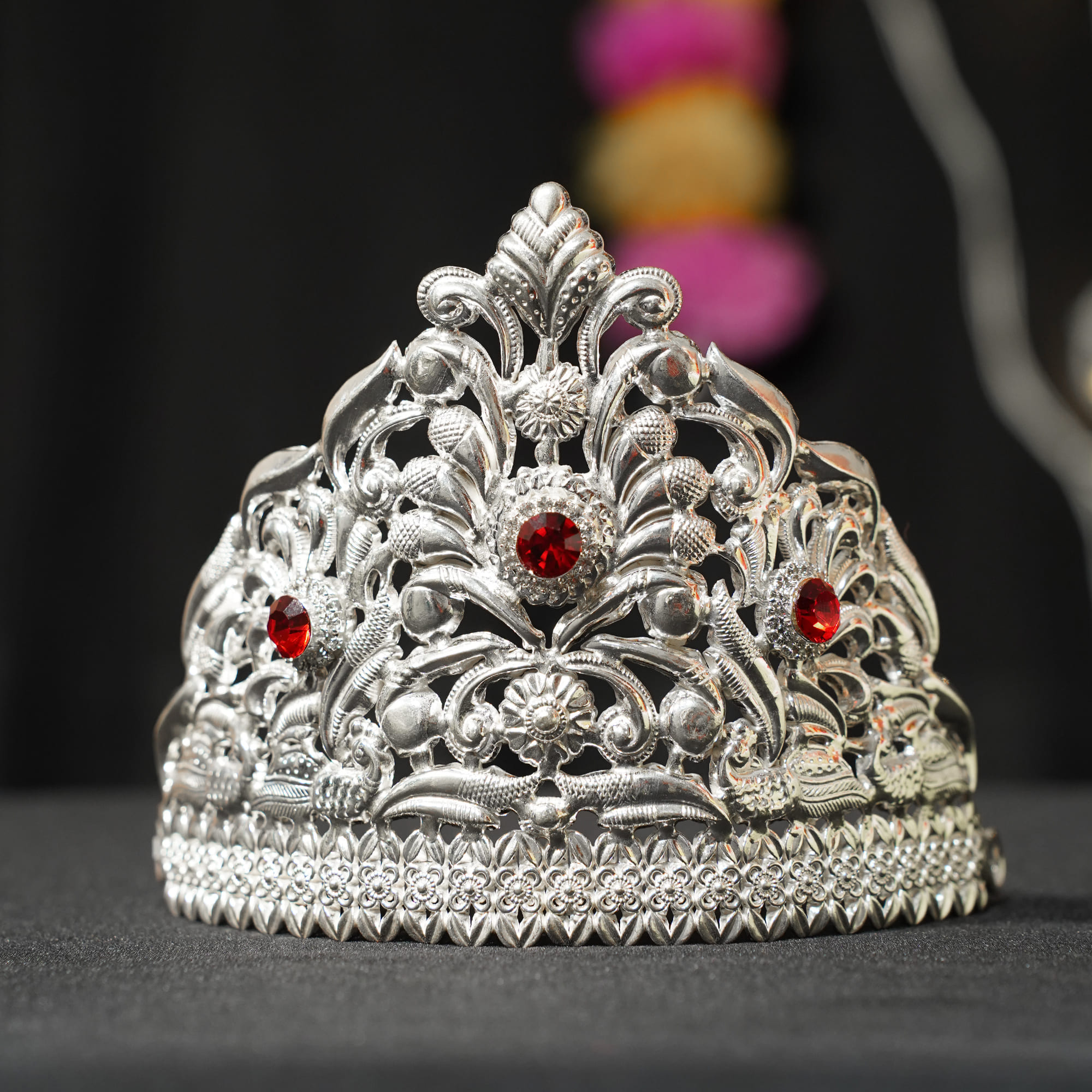 925 Pure Silver Mukut with 3 Red Stones – Handcrafted Deity Crown (3x5 Inch)