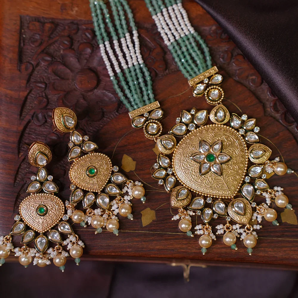 Heritage Green Kundan Gold plated & Pearl Set
